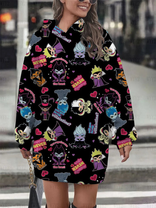 Winter New Hooded Sweater Dress Disney Series Sleeping Devil Women's Street Style Fashion Trend Warm Pullover Sweater Dress