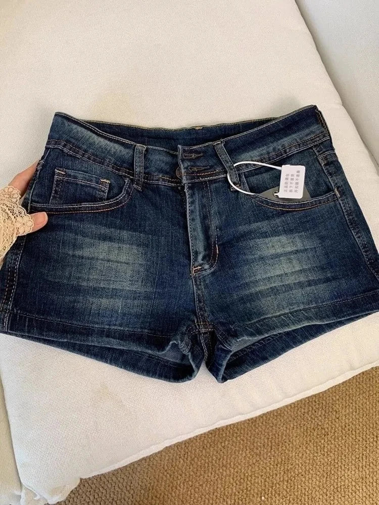Retro Low Waist Deep Blue Denim Shorts Women Summer Sexy All Match Jean Shorts Pants Girl Hot Vintage Streewear Bottoms 2025