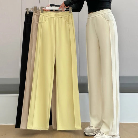 Women's Silk Pants Lady Summer Loose Commuting Straight Leg Pants High Waist Trousers Thin Knitwear Solid Color Bottoming Pant