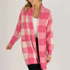 Rose red large size plaid striped sweater knitted long large lapel pocket casual commuting all-match cardigan
