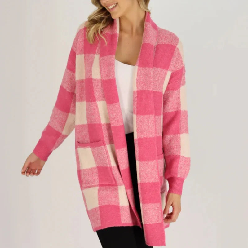 Rose red large size plaid striped sweater knitted long large lapel pocket casual commuting all-match cardigan