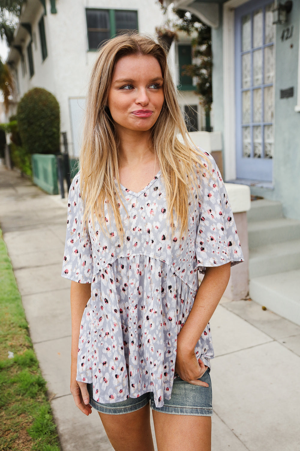 Feeling Bold Blue Grey Animal Print Short Sleeve Babydoll Top
