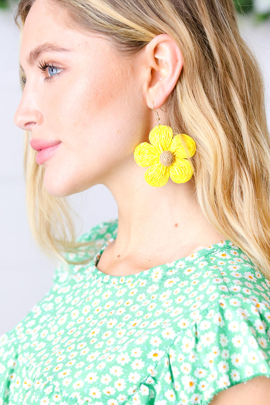 Canary Handwoven Straw Flower Dangle Earrings