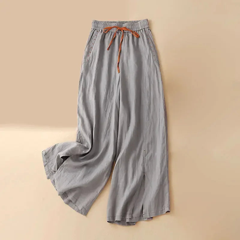 Gray Cotton Linen Casual Elastic High Waist Loose Wide Leg Women's Pants Ankle-Length Pants For Women Clothing 2025 Fashion