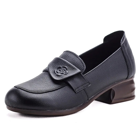 New antique chic rose pumps shoes women vintage heels genuine leather slip on shoes woman square heel pumps ladies dress shoes