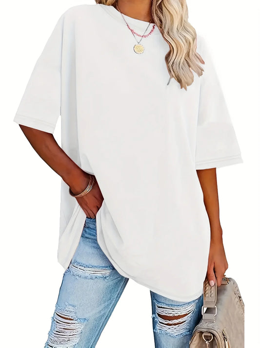 Women's Plus Size Crew Neck Solid T-Shirt Summer Female Basic Soft Tees Women Casual Round Neck Short Sleeved Tops