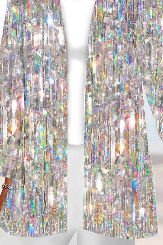 Flycurvy Plus Size Christmas Silver Sparkly Texture Print Kimono Cardigan