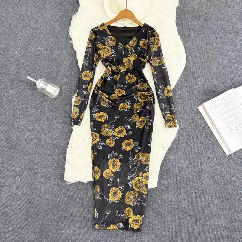 Mesh Print Women Maxi Dress V Neck Full Sleeve Bodycon Trendy Hipsters High Street Party Vintage Attirewear