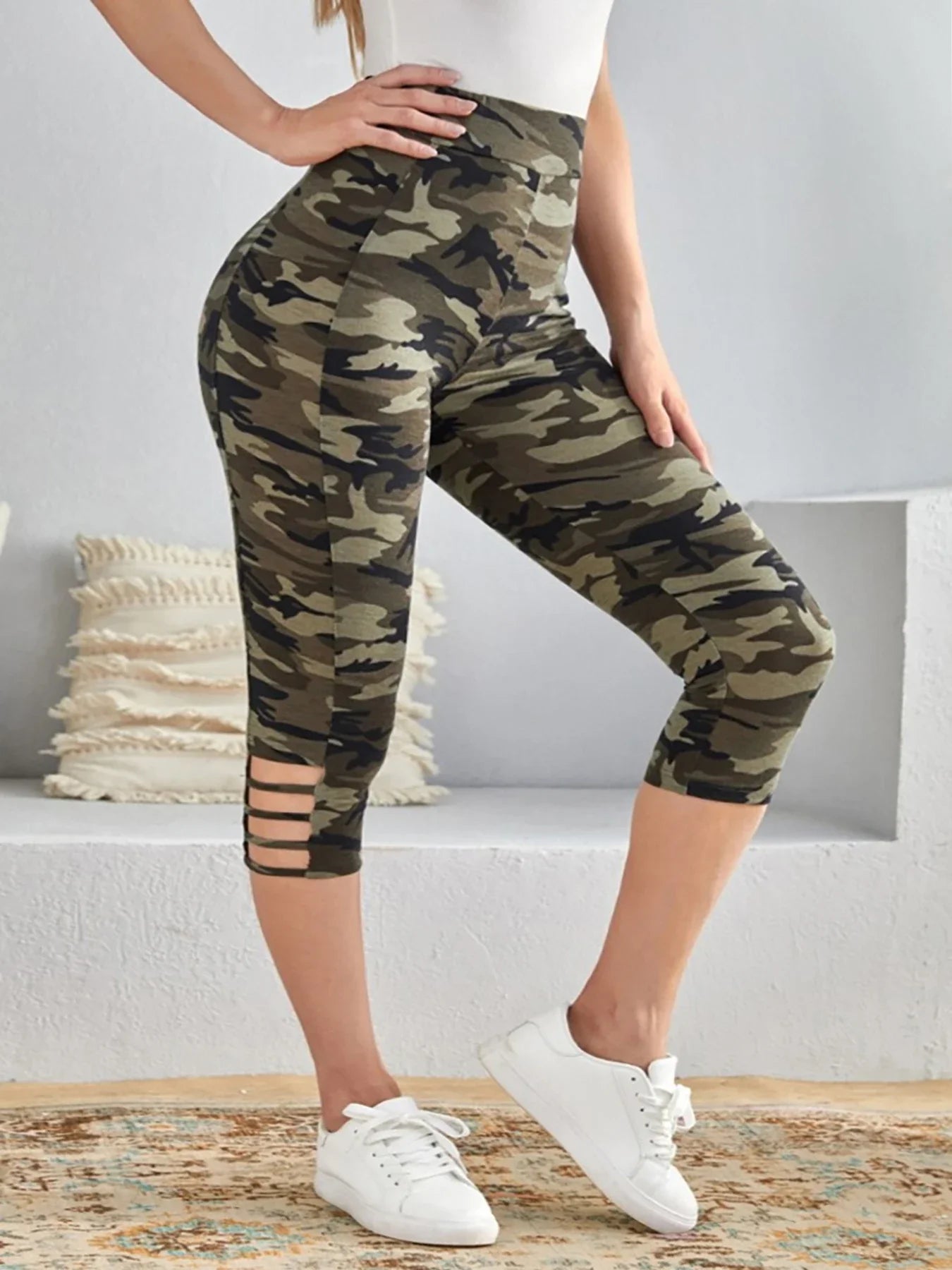 Plus Size Women's Camo Capri Leggings with Side Stripe Cutouts Stylish High Elasticity Knit Sporty Fashionable Casual Pants
