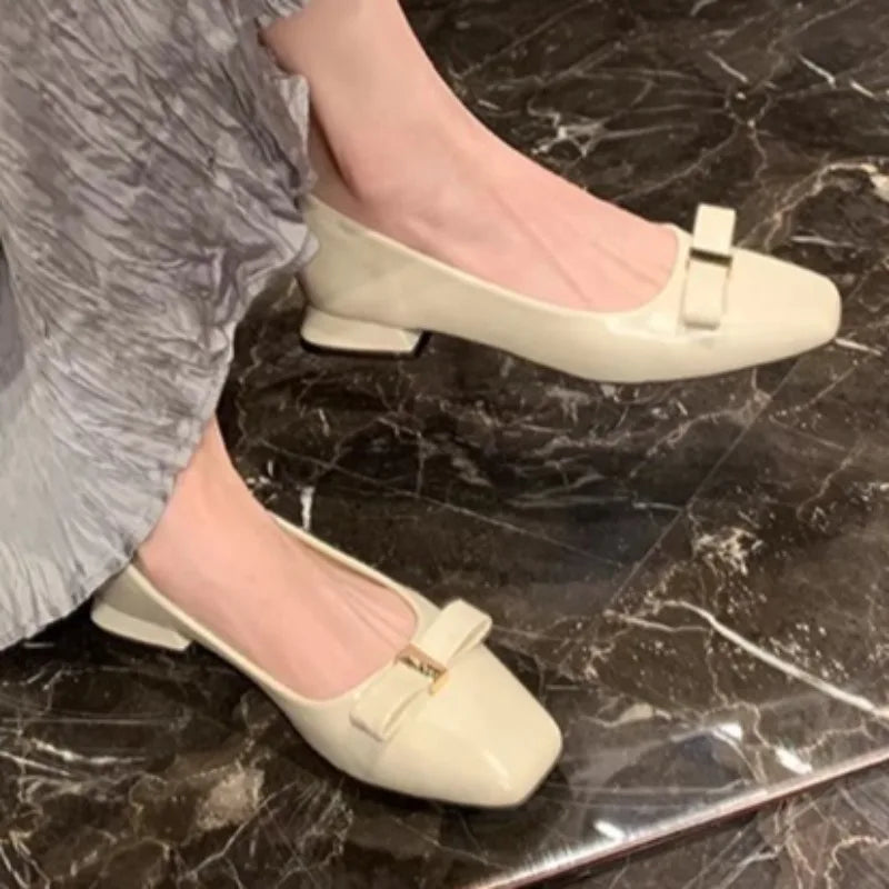 Women's Spring New Fashion Square Toe Designer Patent Leather High Heels Elegant Dress Party Bow Low Top Shoes 35--40 Size