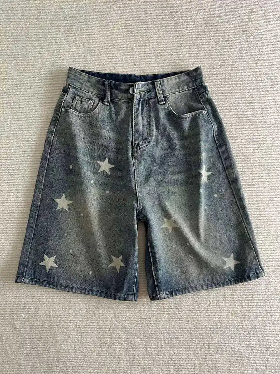 Summer Women 5XL Denim Shorts High Waist Star Pattern Blue shorts American Casual Fashion Female Retro Knee-length Jeans