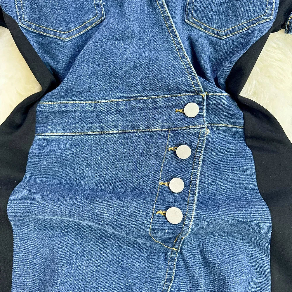 French Senior Sense Temperament Pack Hip Slit Dress. Summer Design Sense Spell Color Button Adornment Short-sleeve Denim Dress