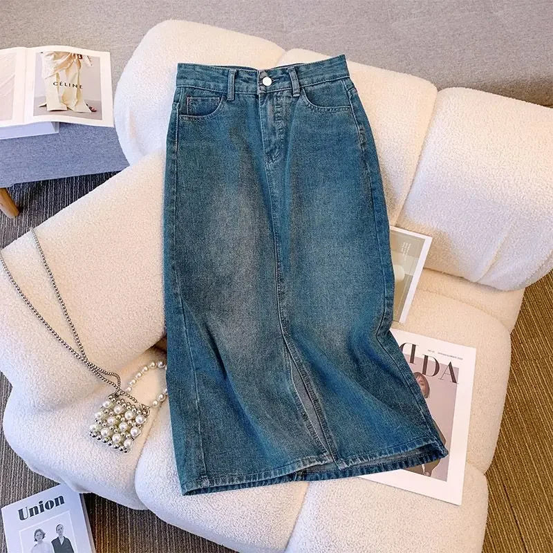 Wrap Women's Denim Skirt Blue Tight Female Jeans Skirts with Slit Luxury Elegant Stylish Premium Summer 2025 Modest Vintage Chic