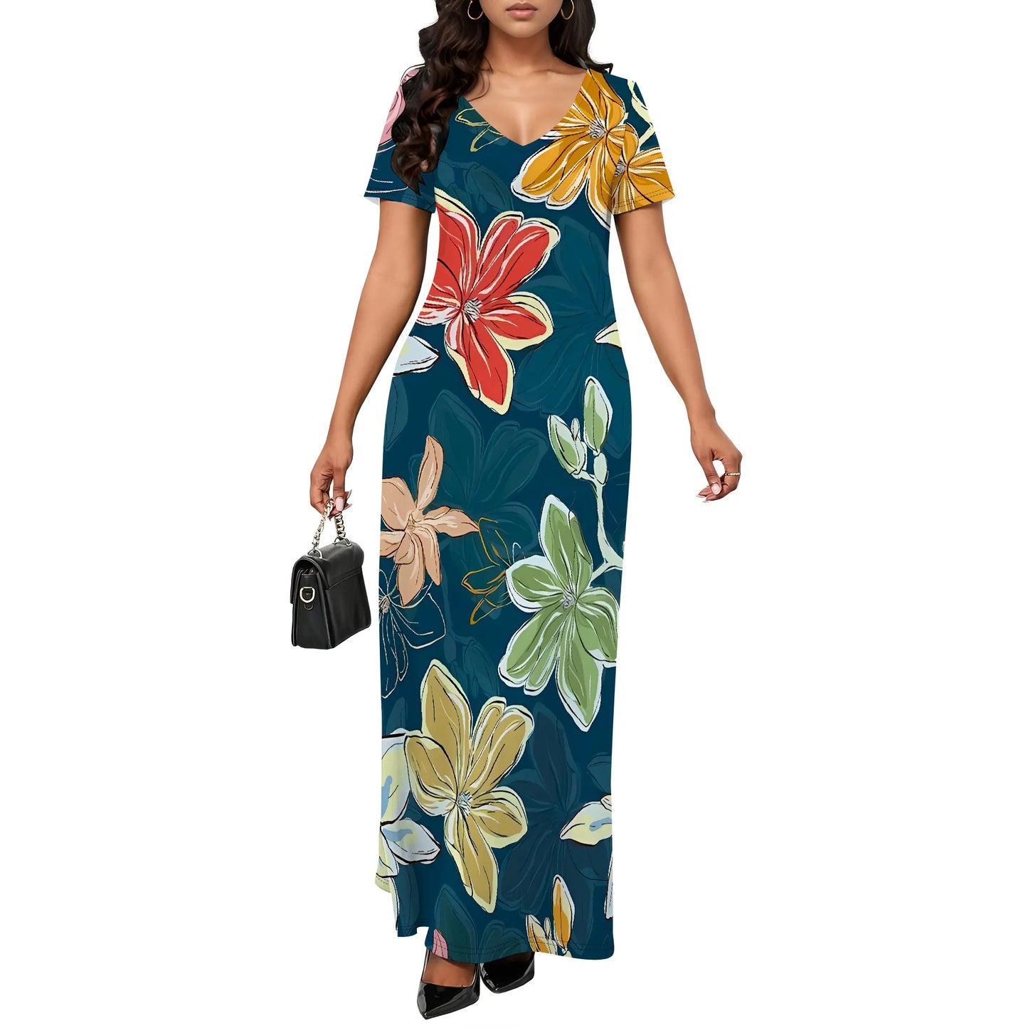Women's Multicolor Floral Print Maxi Dress Short Sleeve V Neck Long Dress Casual Summer Beach Holiday Wear
