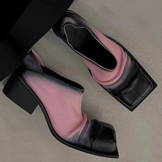 Retro Color Matching Square Toe Chunky Heel Leather Shoes Woman Slip On Pleated High Heel Muller Shoes for Women Pink Brown