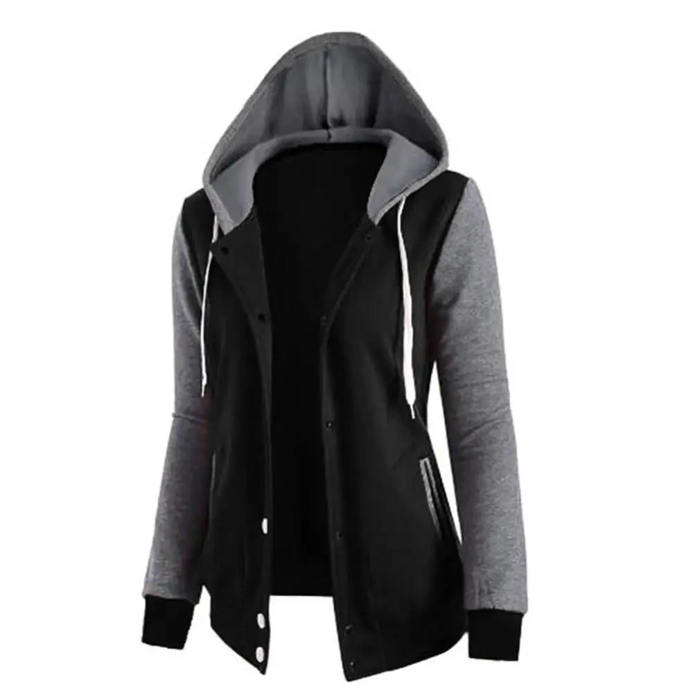 Drawstring Women Jacket Fall Winter Color Block Sports Hoodie Jacket Button Hooded Long Sleeve Hoodies Jogging Women Sweatshirts