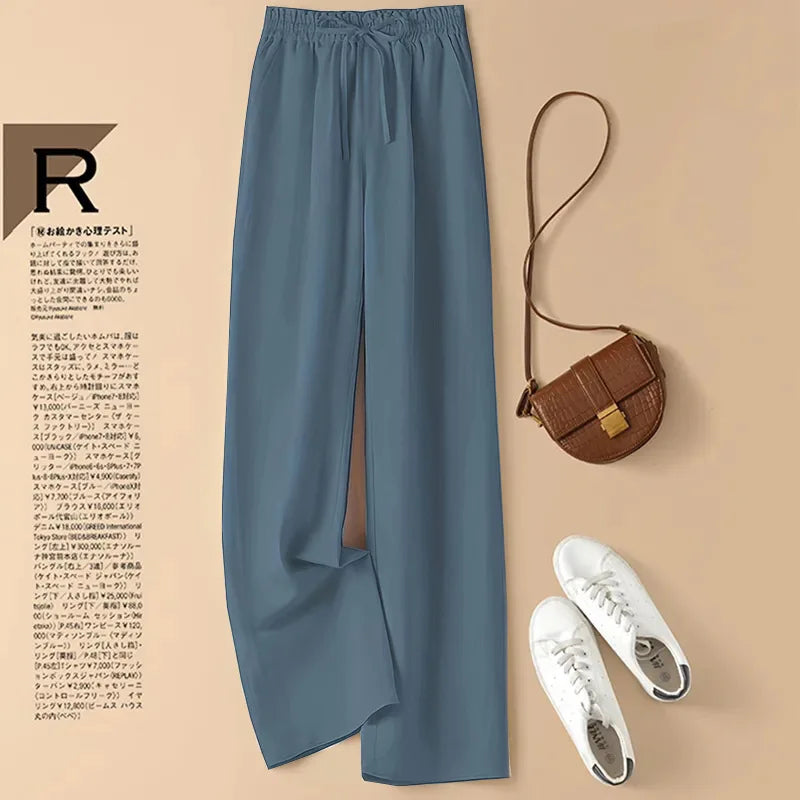 Cotton Linen Casual Wide Leg Pants Women's Summer Fashin Elastic Waist Solid Color Simple Basic Straight Trouser Female Clothes