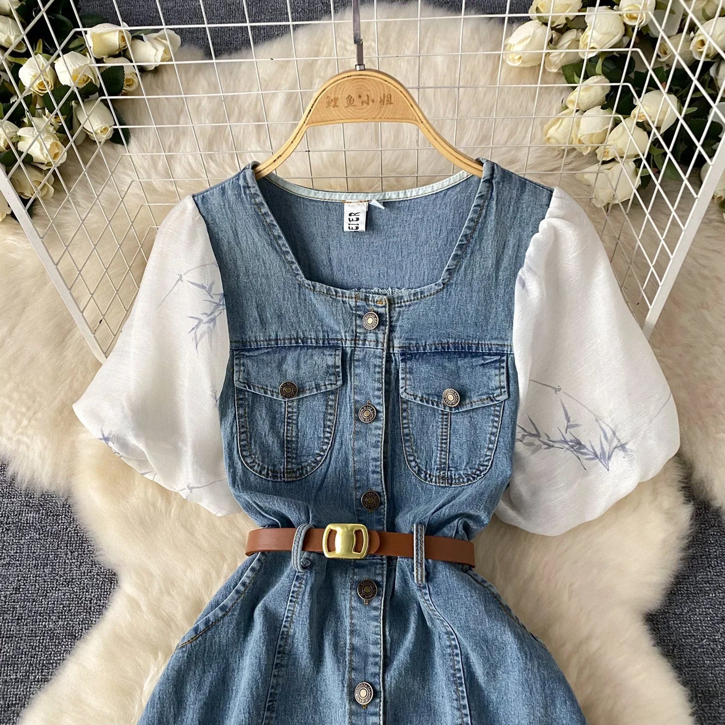 Short-sleeved Single-breasted Denim Dress.Women's Summer New Style Design Sense Square Collar Bubble Sleeve Splicing Long Dress