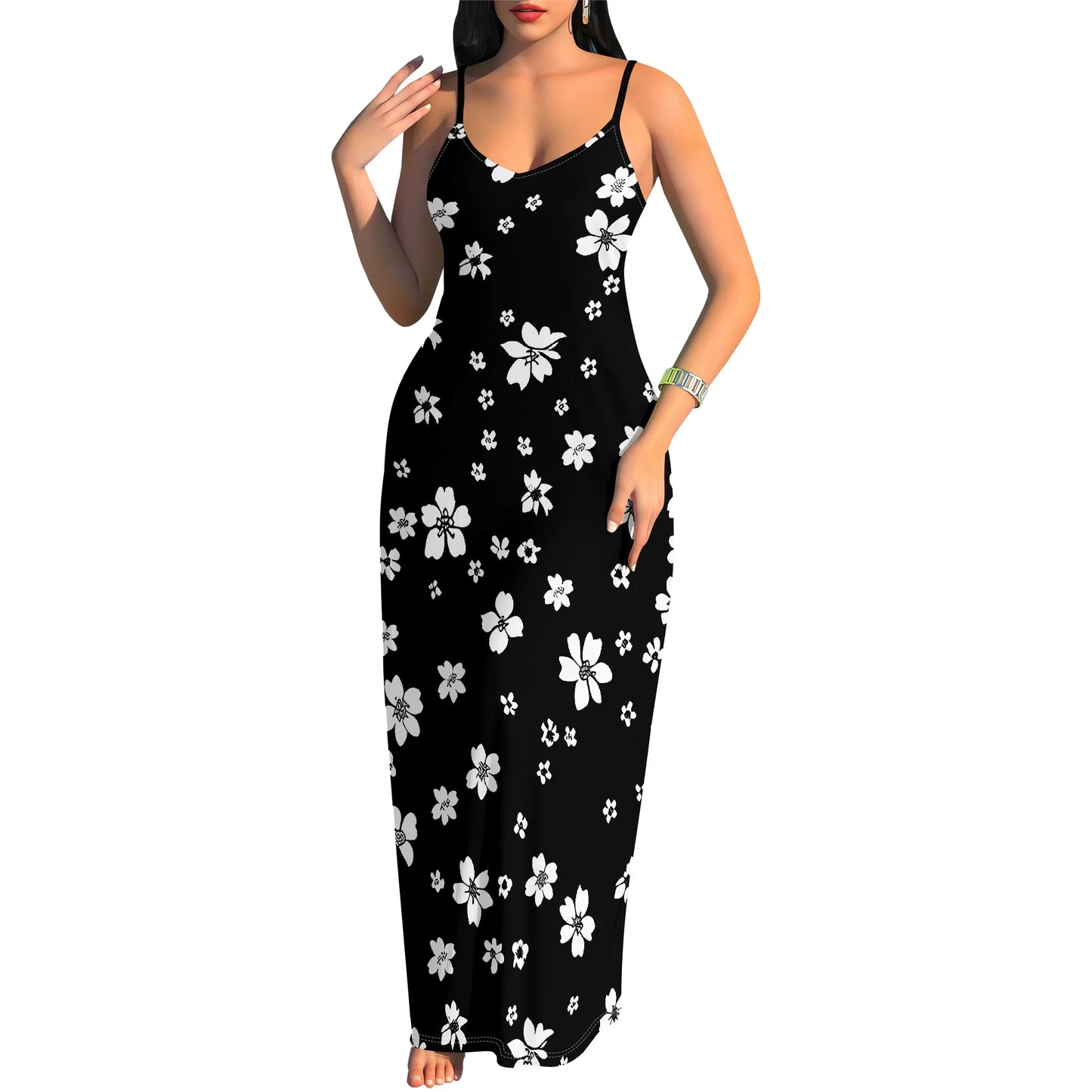 Women's spring and summer sleeveless knee length dress with hollowed out pullover, butterfly print beach casual dress