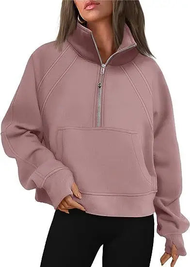 Stand Collar Casual Sweatshirts Half Zip Women Cropped Pullover Thumb Hole Overzised Hoodie Solid Color Plus Size Sports Outfit