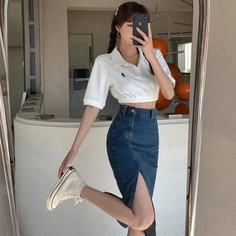 Retro Hong Kong Sle High Waist Slim Fit Denim Skirt Women's Summer plus Size Mid-Length Bodycon Skirts Autumn