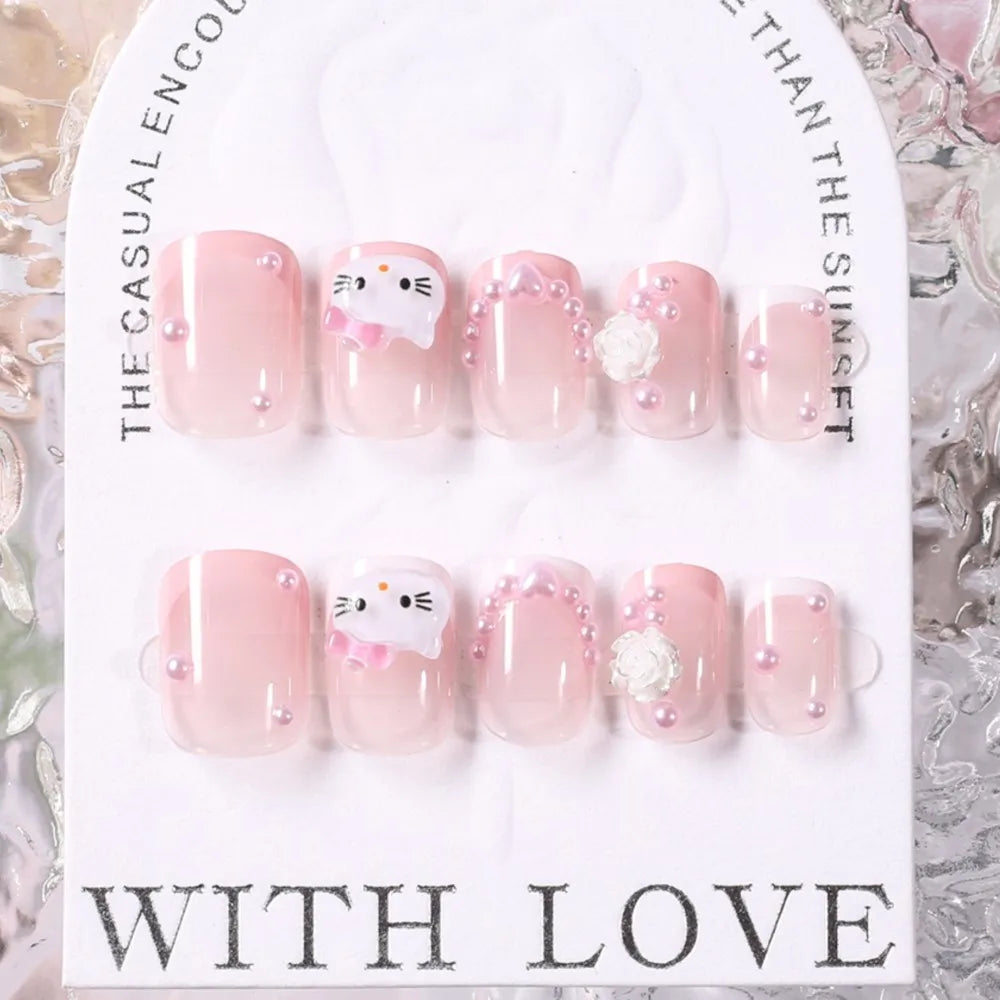 24pcs Short Square Pink Kitty Cat Press on Fake Nails Cute Cartoon Hello Kitty Nail Tips with Camellia Pearl Handmade Nail Patch
