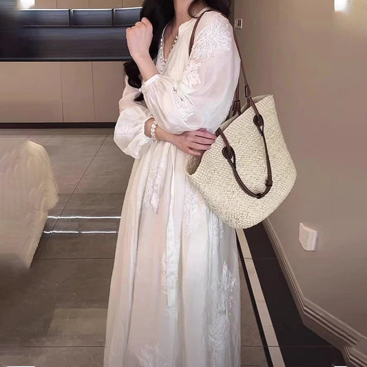 Elegant Flower Embroidery White Maxi Dress Women Stylish Button Lantern Long Sleeve Lace Up Dress Casual Loose Holiday Vestido