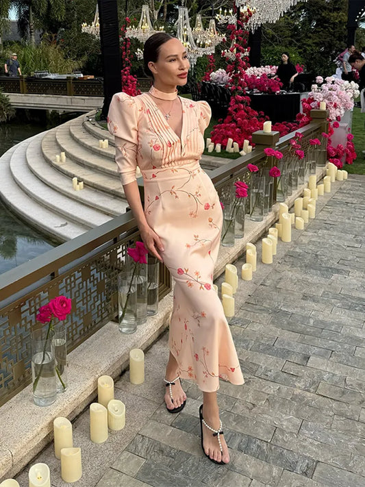 Print Deep V Shoulder Pad Long Dress Women Elegant Short Sleeve Waist Cinching Hip Package Sheath Party Dresses New Summer Robes