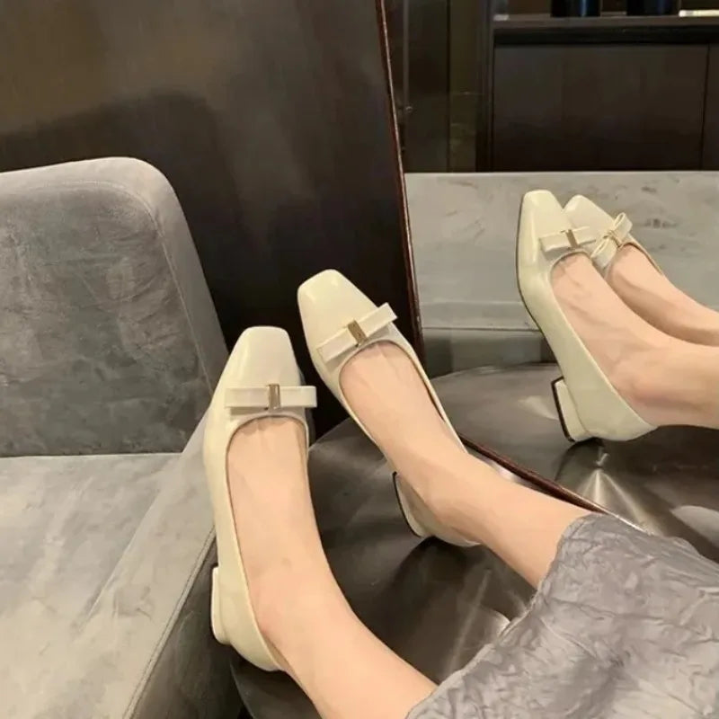 Leather Version Grape Mom 2025 Elegant Square Head Metal Buckle Butterfly Knot Chunky Heel Commuter Shoes Versatile Open Toe Wom
