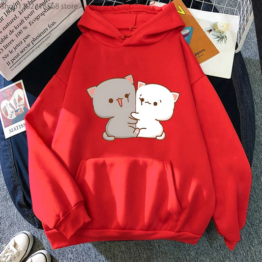 Kawaii Cat Hoodie Peach Funny Cute Sweatshirts Cartoon Print Clothing Women Aesthetic Spring Winter Pink Top Girls Hooded Female