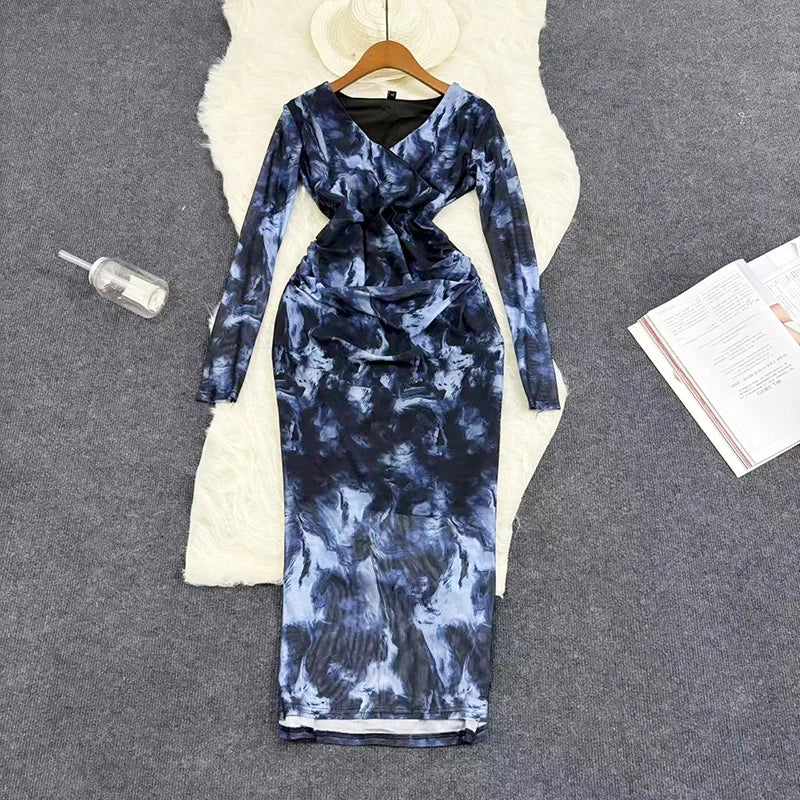 Mesh Print Women Maxi Dress V Neck Full Sleeve Bodycon Trendy Hipsters High Street Party Vintage Attirewear