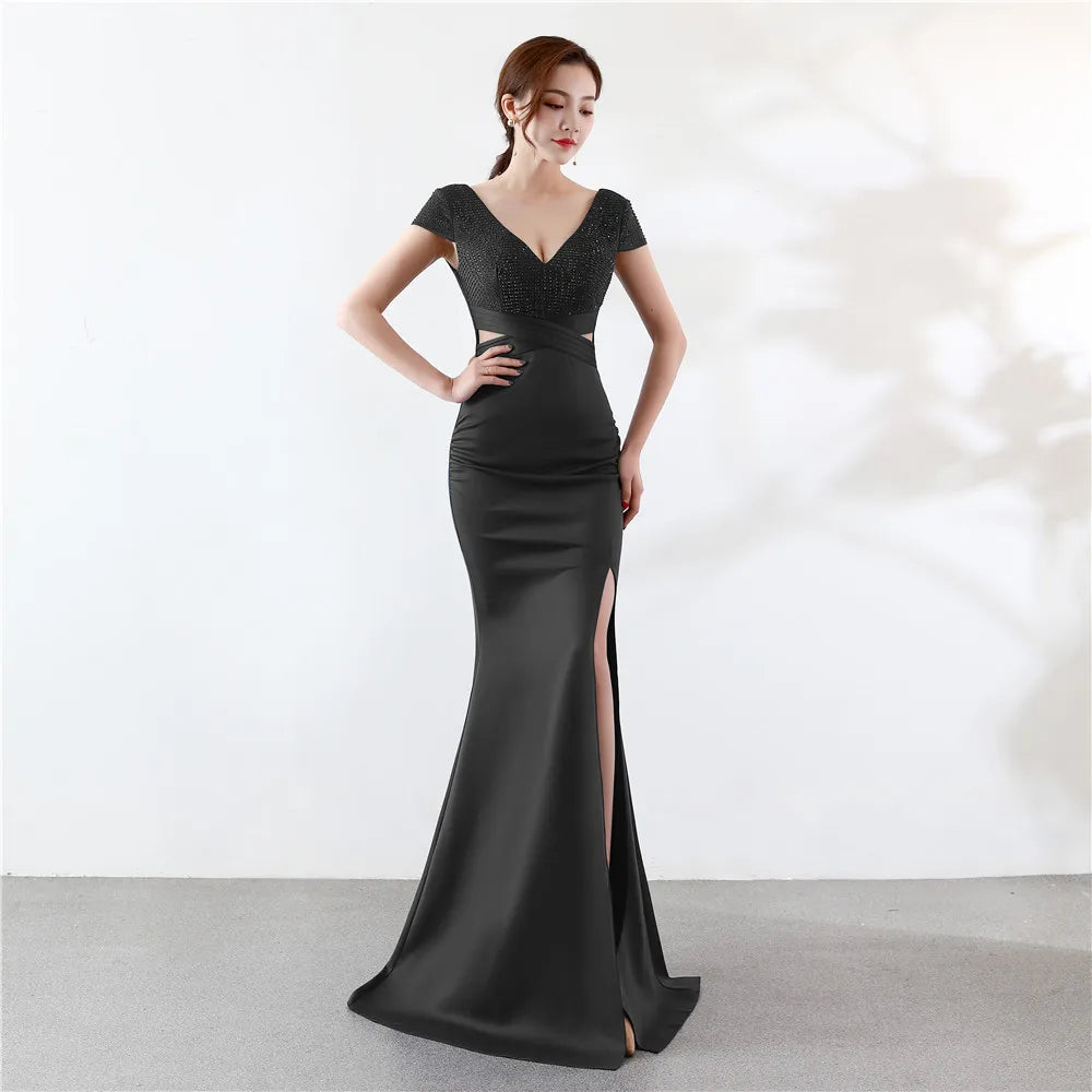 Customized Cap Sleeve V Neck Cross Waist Side Slit Backless Dress Cocktail Party Evening Gowns For Women