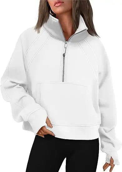 Stand Collar Casual Sweatshirts Half Zip Women Cropped Pullover Thumb Hole Overzised Hoodie Solid Color Plus Size Sports Outfit