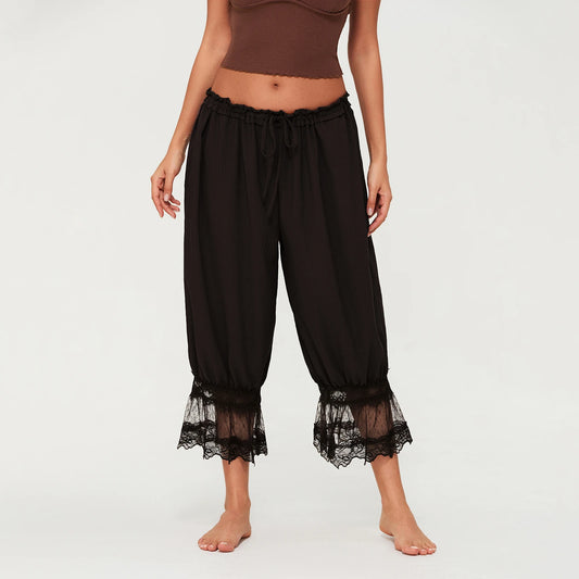 Womens Y2K Vintage Drawstring Cropped Pants Loose Fit Mid Rise Patchwork Lace Casual Lantern Bubble Pants Trousers Streetwear
