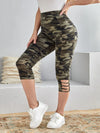 Plus Size Women's Camo Capri Leggings with Side Stripe Cutouts Stylish High Elasticity Knit Sporty Fashionable Casual Pants