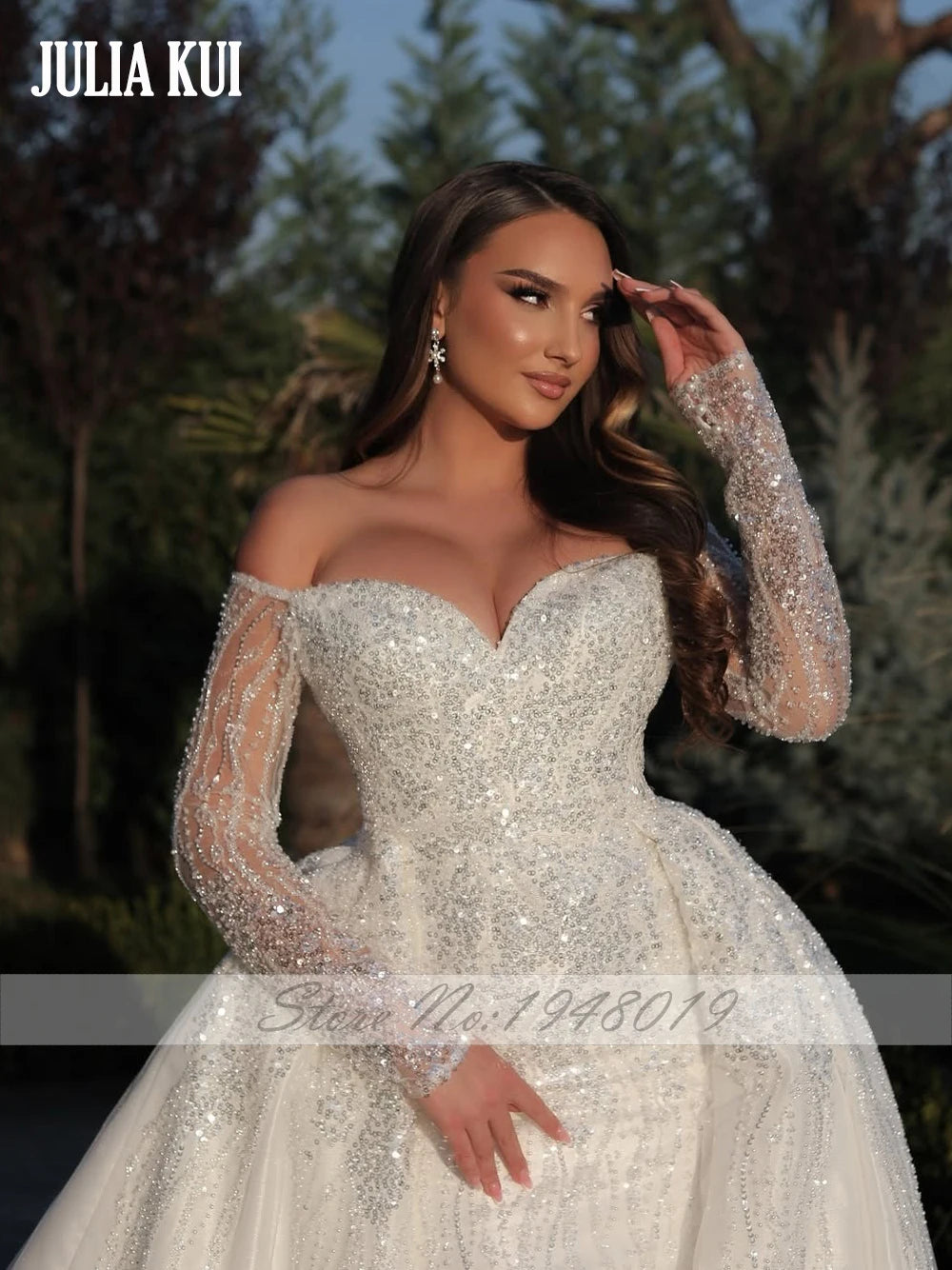 Julia Kui Custom Made Sweetheart 2 In 1 Mermaid Wedding Dress Off Shoulder full sleeves Shiny Beading Appliques Bridal Gowns