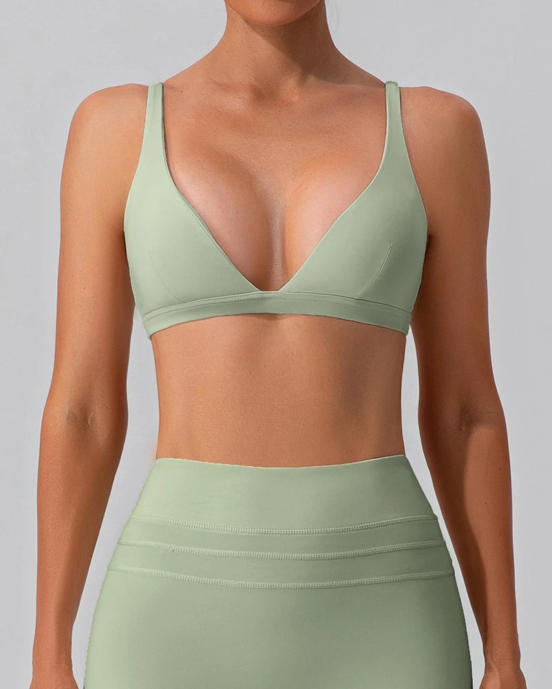 High Strength Nude V-neck Bra, Shock-absorbing and Tight Fitting Sports Bra, Pilates Running and Fitness Vest for Women