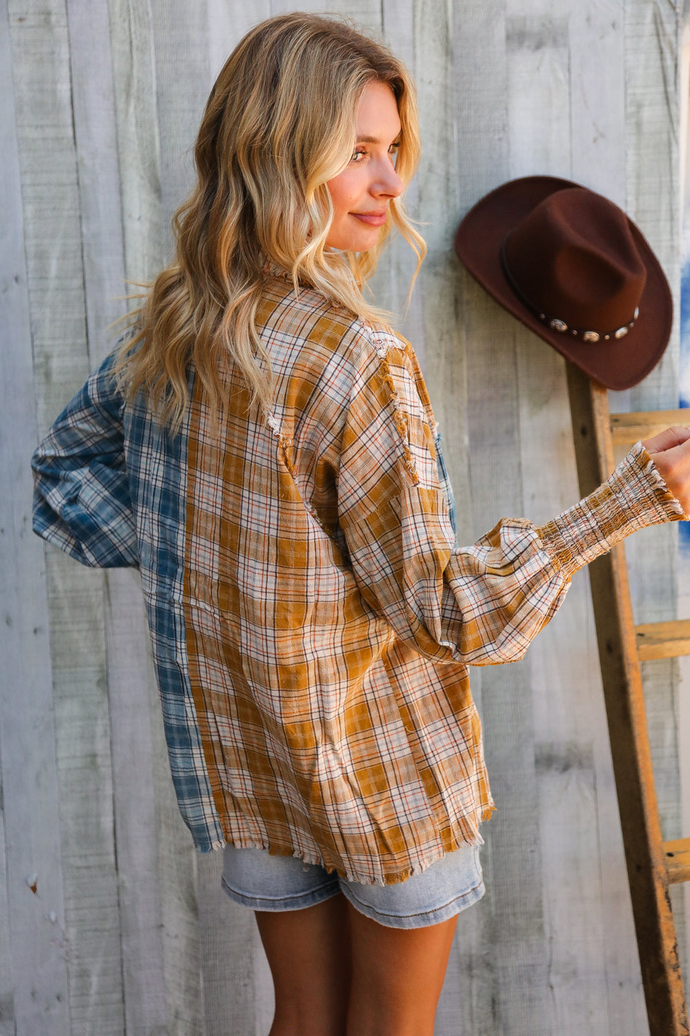 Adorable You Turquoise Plaid Smocked Sleeve Frill Detail Top