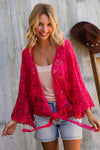 Beautiful You Fuchsia Crochet Front Tie Bell Sleeve Cardigan