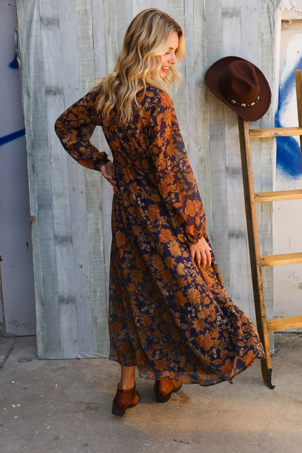 Stunning In Chiffon Floral Smocked Ruffle Sleeve Lined Midi Dress