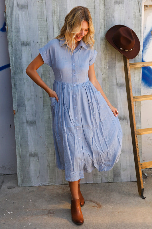 Everyday Chic Denim Blue Button-Down Collared Swing Dress