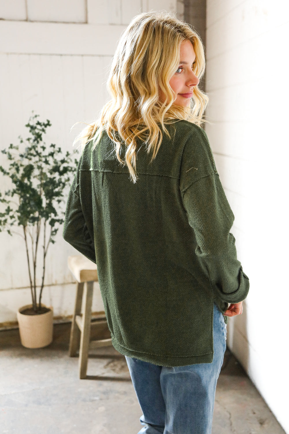 Casual Living Moss Green Henley Cuff Sleeve Side Slit Pullover