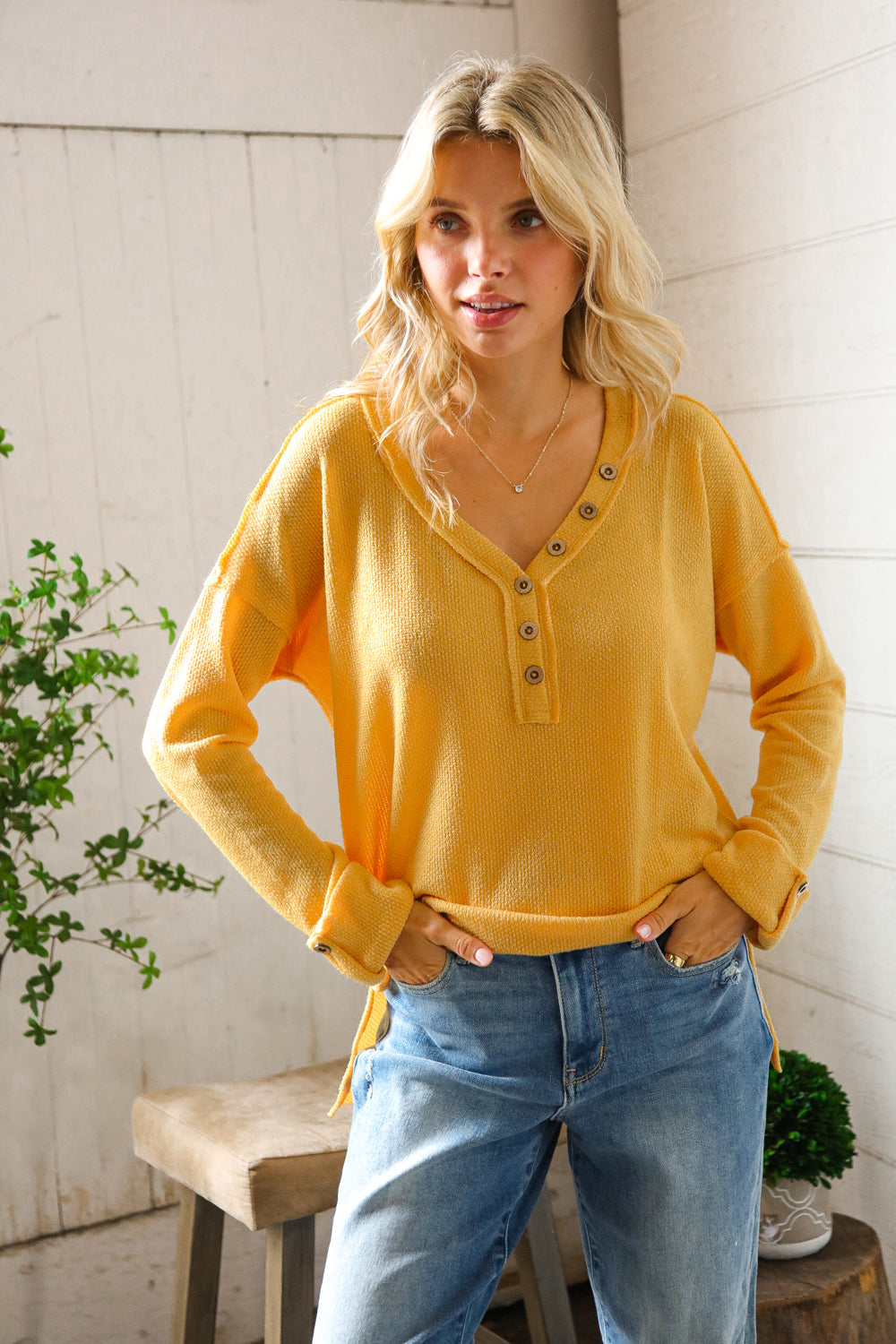 Casual Living Sunflower Henley Cuff Sleeve Side Slit Pullover