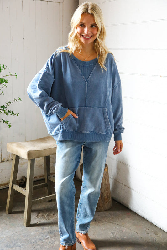 Washed and Worn Denim Ribbed Front Pocket Pullover