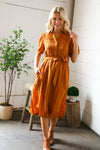 Elegant You Rust Textured Short Sleeve Tie Belt Dress