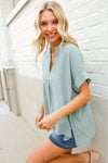Casual Chic Sage Linen Notch Neck Dolman Short Sleeve Top