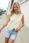 Charming Nude Cotton Button Down Scallop Hem Lace Vest Top