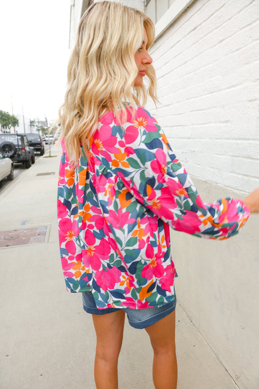 Adorable You Multicolor Floral V Neck Elastic Bubble Sleeve Top