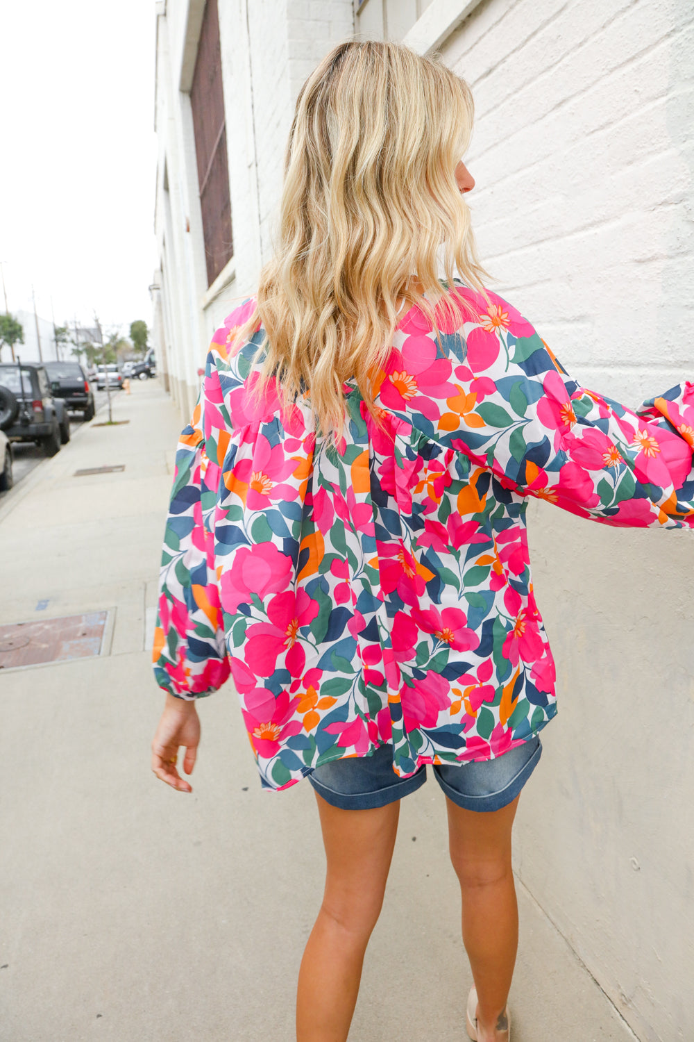 Adorable You Multicolor Floral V Neck Elastic Bubble Sleeve Top