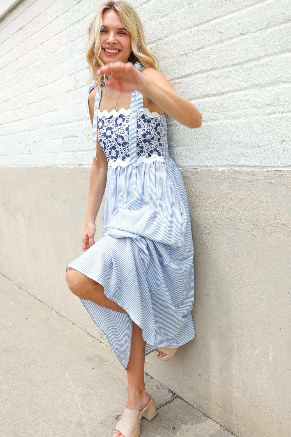 Feeling Femme Blue Floral Netted Yoke Stripe Ric Rack Dress